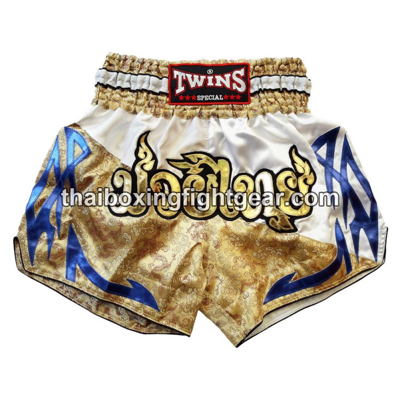Pantalones cortos de boxeo Tailandés Muay Thai Twins blanco oro | Pantalone