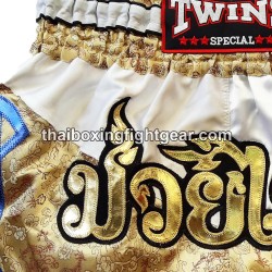 Pantalones cortos de boxeo Tailandés Muay Thai Twins blanco oro | Pantalone