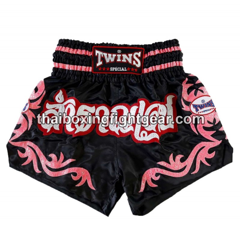 Pantalones cortos de boxeo Tailandés Muay Thai Twins negros/rosas | Pantalone