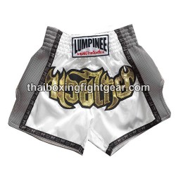 Pantalones cortos de boxeo thai Lumpinee en gris y blanco | Muay Thai Shorts