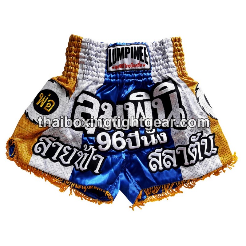 Pantalones cortos de boxeo thai Lumpinee azul plateado | Muay Thai Shorts