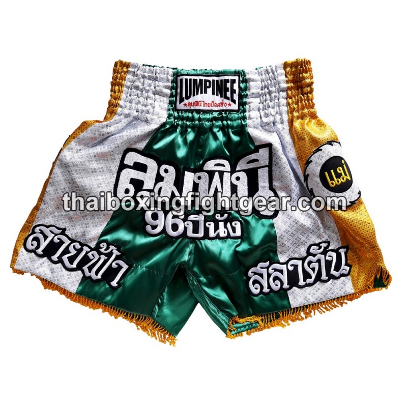 Pantalones cortos de boxeo thai Lumpinee verde/gris | Muay Thai Shorts