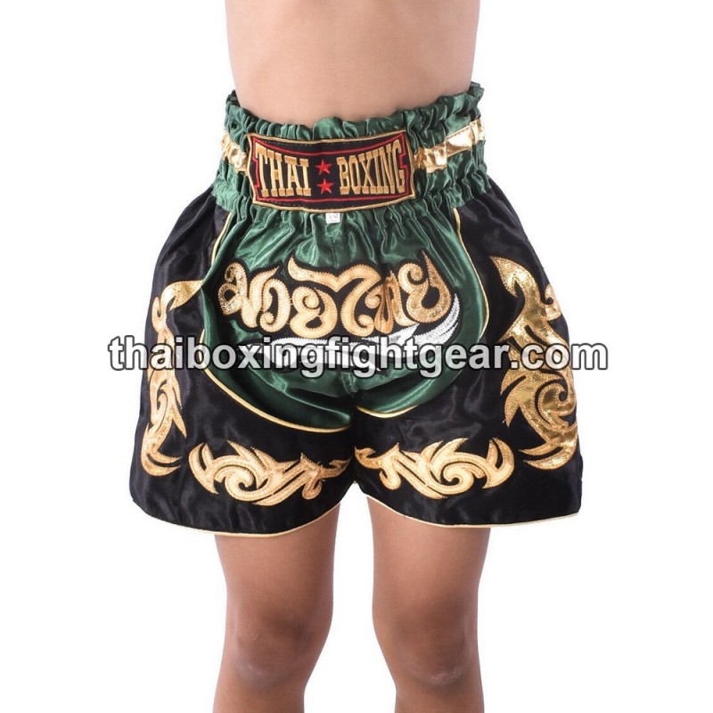 Boxeo Pantalones Cortos Thai Negro Verde Niño | Kids
