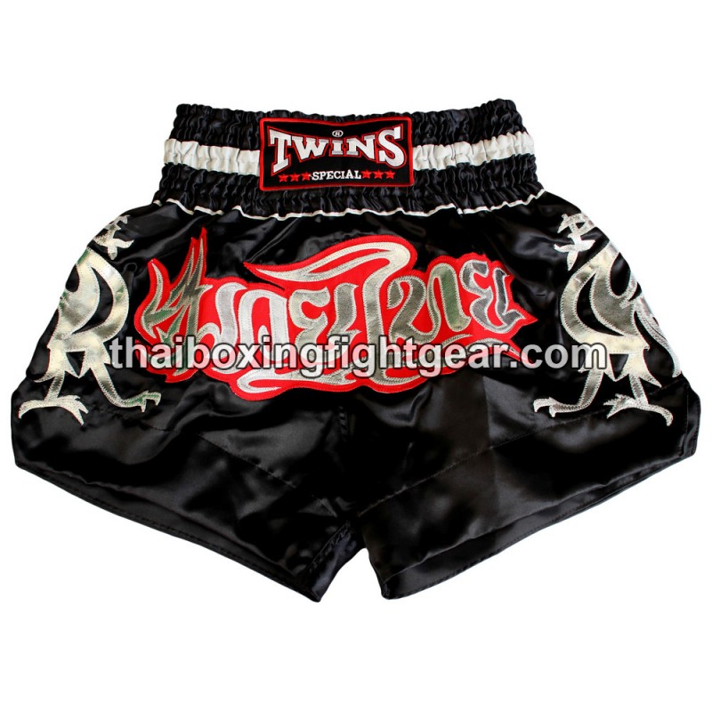 Twins Muay Thai pantalones cortos de boxeo  satín negro/plata | Muay Thai Shorts Twins Muay Thai pantalones cortos de boxeo  satín negro/plata | Muay Thai Shorts