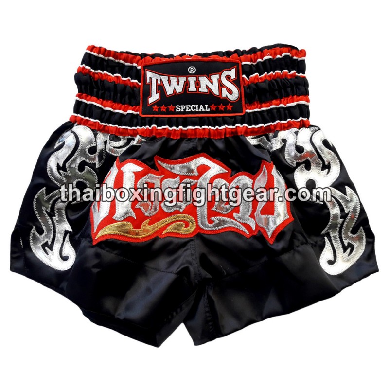 Twins Muay Thai pantalones cortos de boxeo satín negro y rojo | Muay Thai Shorts Twins Muay Thai pantalones cortos de boxeo satín negro y rojo | Muay Thai Shorts