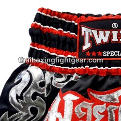 Twins Muay Thai pantalones cortos de boxeo satín negro y rojo | Muay Thai Shorts Twins Muay Thai pantalones cortos de boxeo satín negro y rojo | Muay Thai Shorts