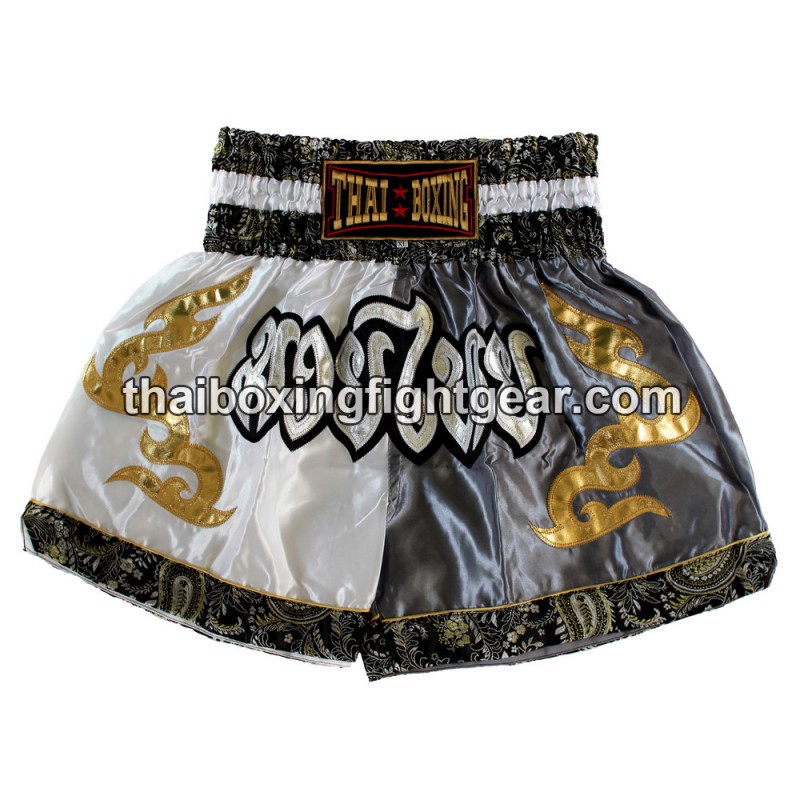 Pantalones cortos de boxeo tailandés: Thaiboxing Grey/White | Muay Thai Shorts Pantalones cortos de boxeo tailandés: Thaiboxing Grey/White | Muay Thai Shorts