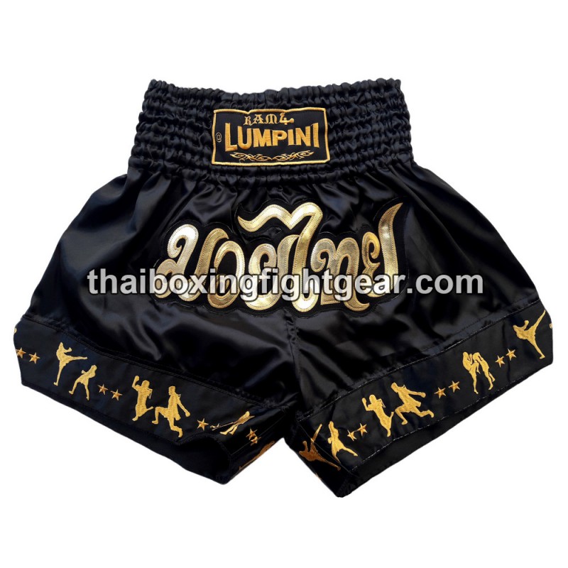 Pantalón corto de caja negra de oro tailandés Lumpini | Muay Thai Shorts