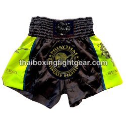 Muay Thai Boxing Shorts Human Fight neón amarillo gris | Muay Thai Shorts