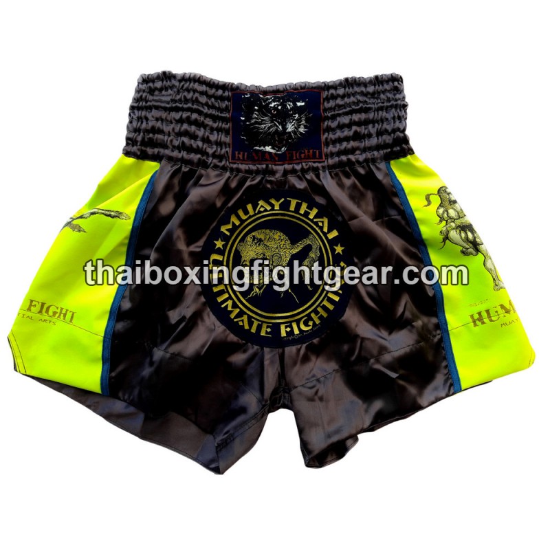 Muay Thai Boxing Shorts Human Fight neón amarillo gris | Muay Thai Shorts